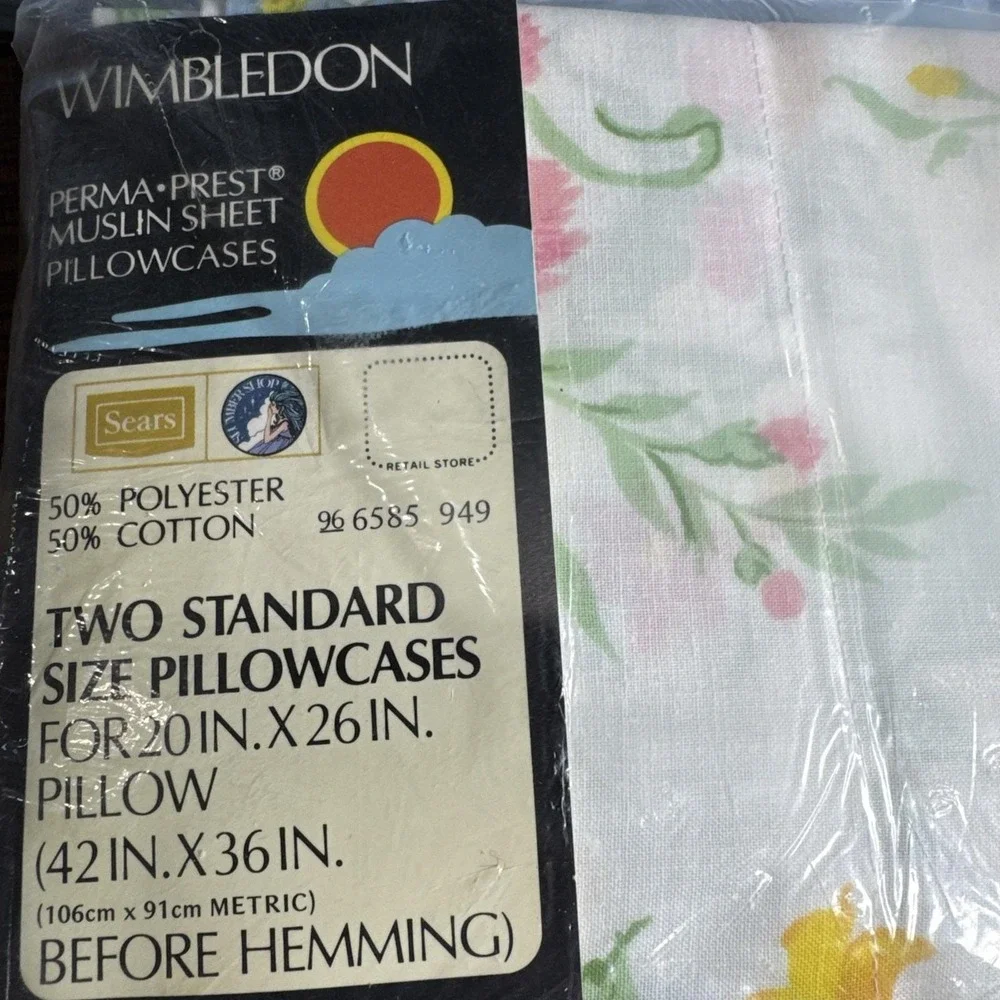 Vtg NOS 80s Pastel Floral Sears WIMBLEDON‎ + Solid Blue Pillowcases Cottagecore